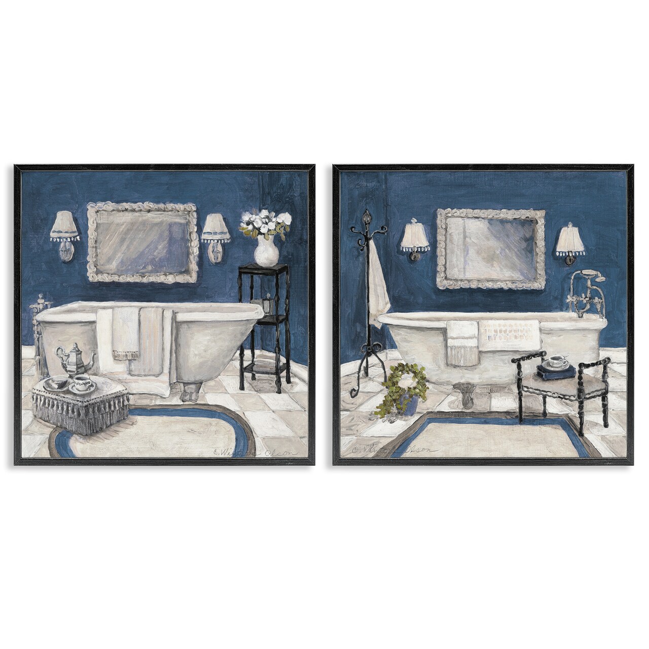 Stupell Industries Elegant Blue Bath 2 Piece Black Framed Giclee Art Set, design by Charlene Olson